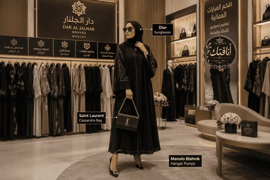 أين تجدين عباية أحلامكِ؟ أفضل محل عبايات في مسقط (دليلكِ المتألق للأسعار وإطلالة ملكية لا تُنسى)